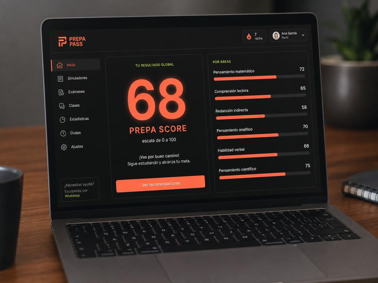 PREPA PASS abierto en una laptop con el PREPA Score 68 de 100 y el avance por cada área del EXANI-I